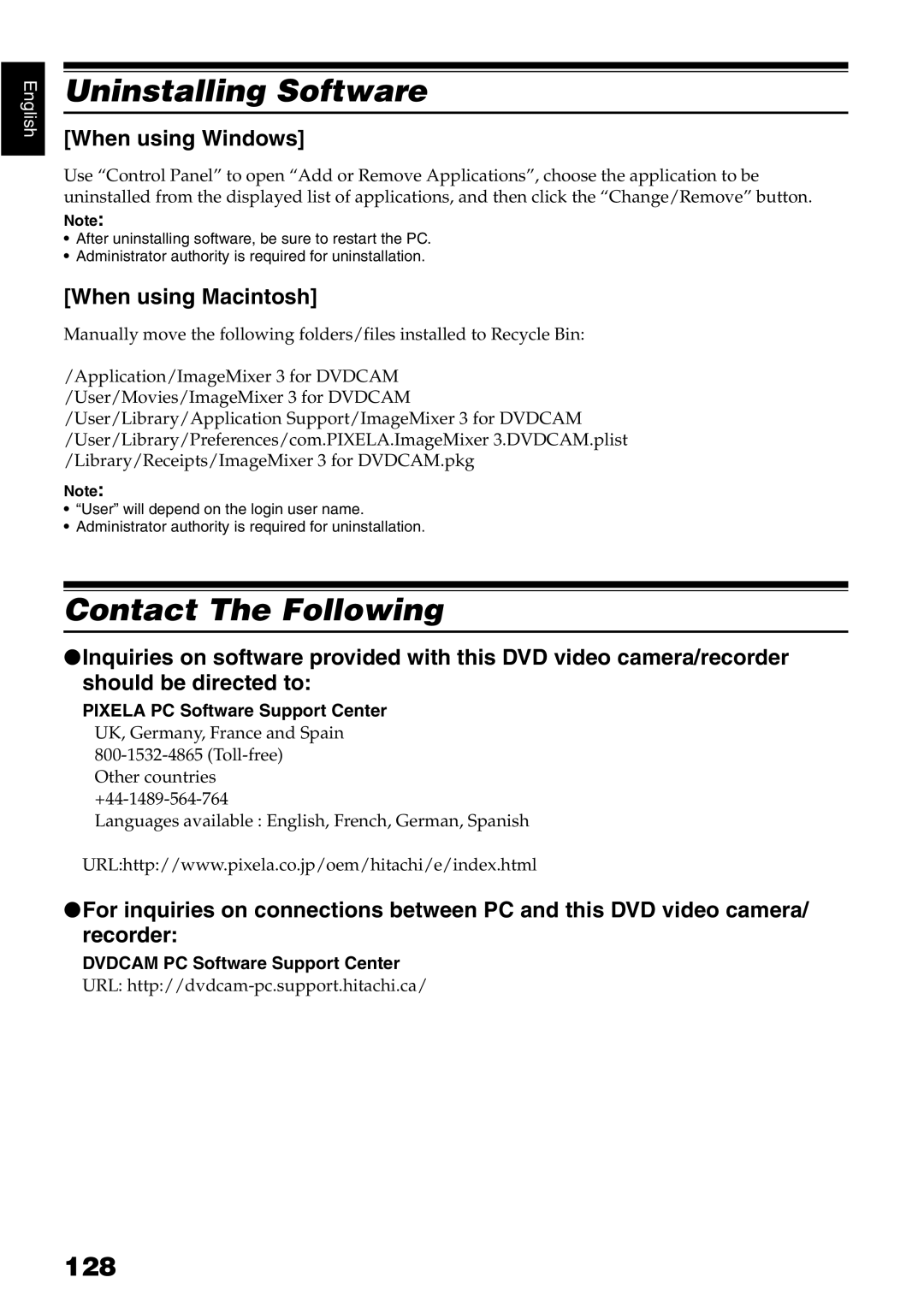 Hitachi DZ-GX5100E, DZ-GX5040E Uninstalling Software, Contact The Following, 128, Pixela PC Software Support Center 
