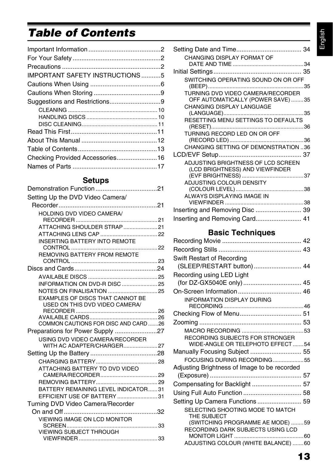 Hitachi DZ-GX5020E, DZ-GX5040E, DZ-GX5100E instruction manual Table of Contents 