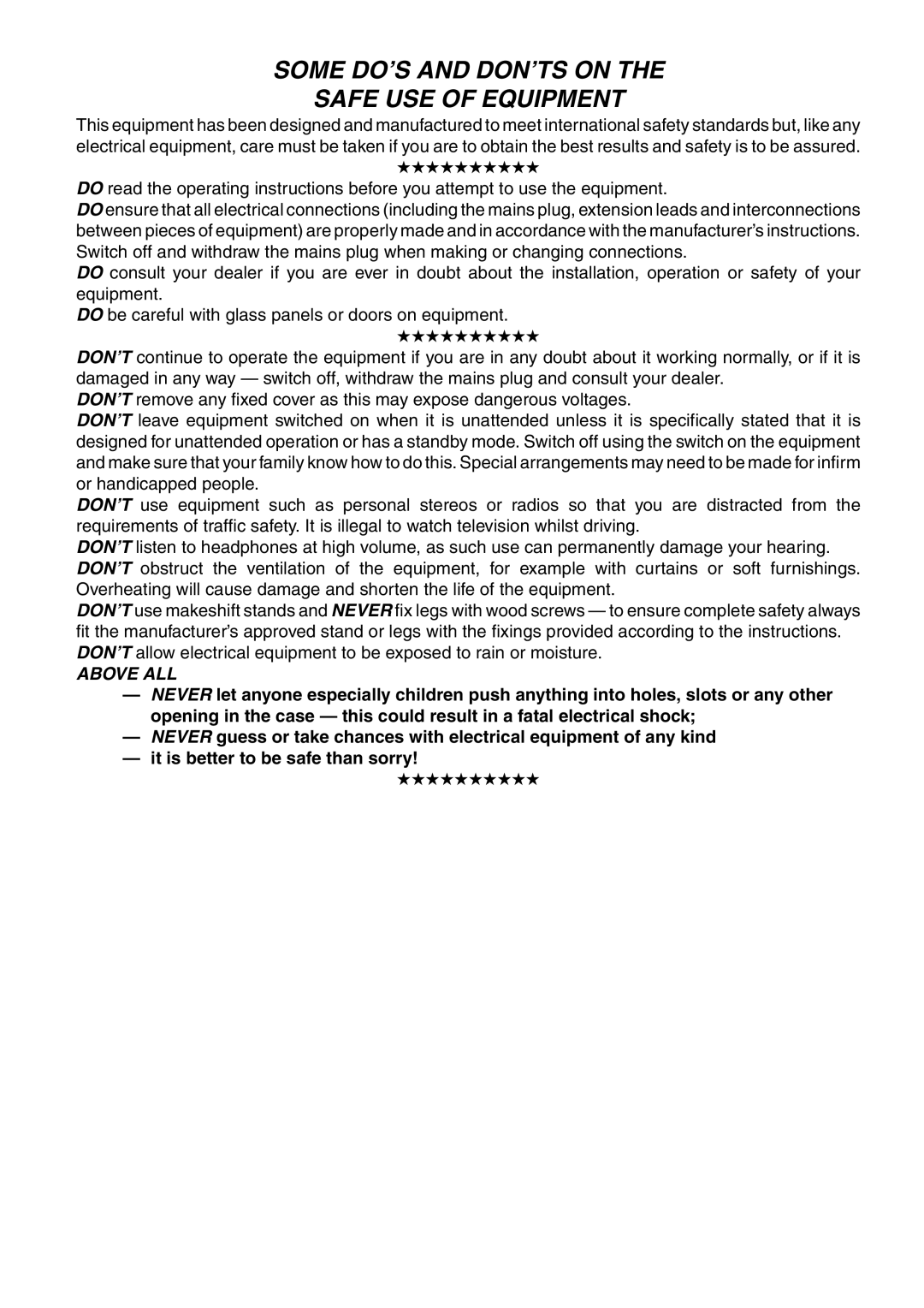 Hitachi DZ-GX5040E, DZ-GX5020E, DZ-GX5100E instruction manual Some DO’S and DON’TS on Safe USE of Equipment 