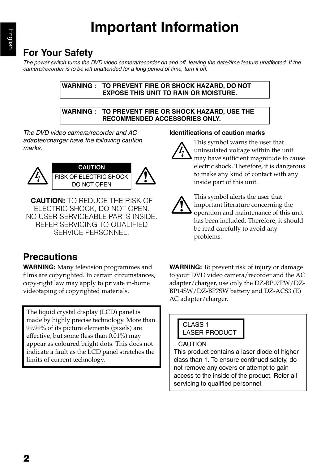 Hitachi DZ-GX5100E, DZ-GX5040E, DZ-GX5020E instruction manual For Your Safety, Precautions, Identifications of caution marks 