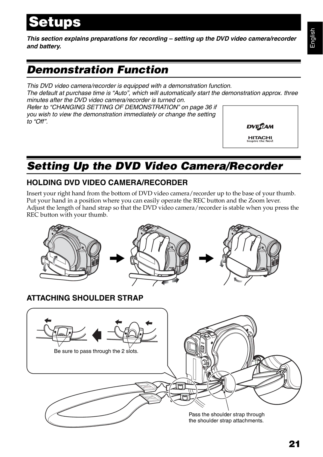 Hitachi DZ-GX5040E Demonstration Function, Setting Up the DVD Video Camera/Recorder, Holding DVD Video CAMERA/RECORDER 