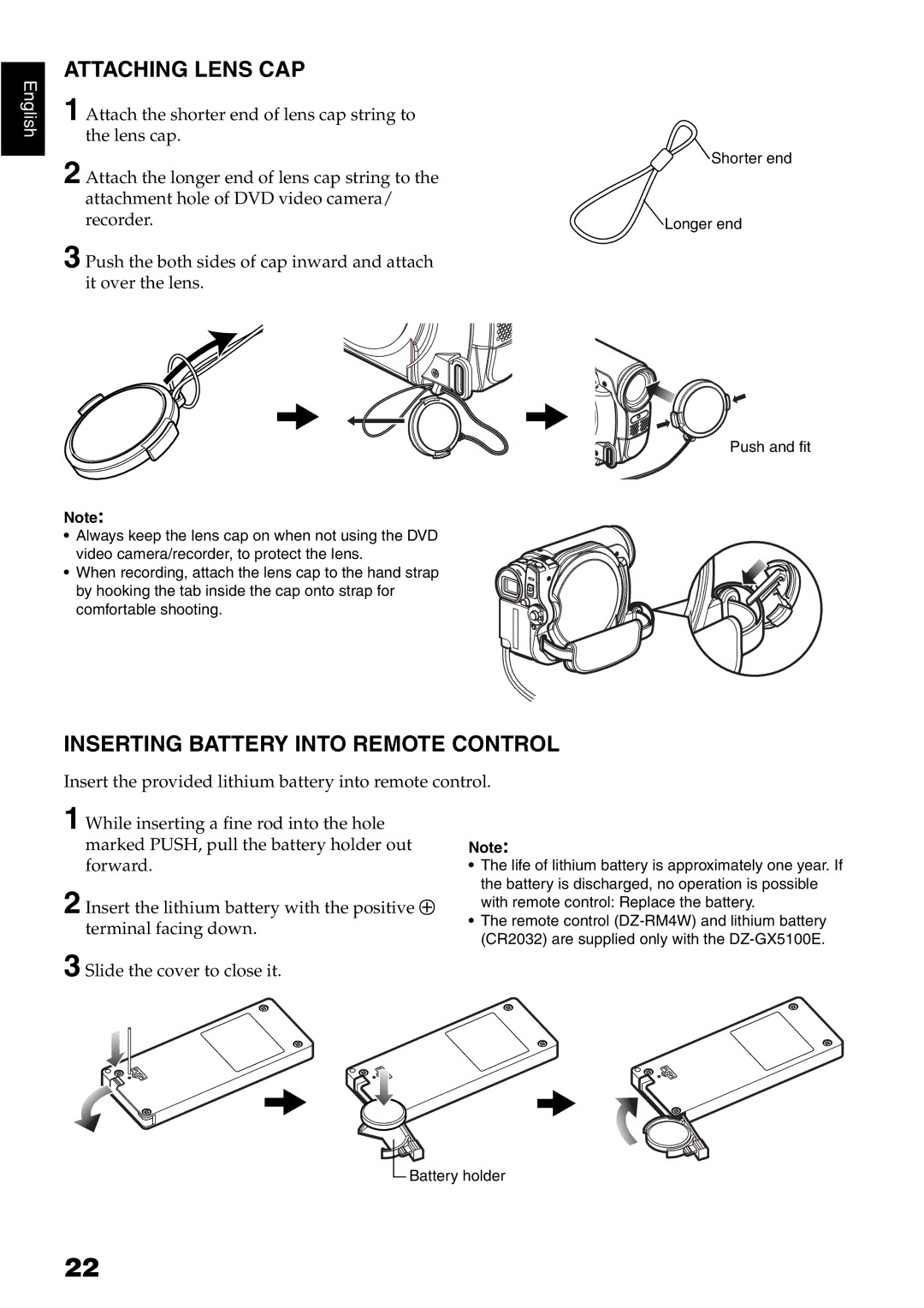 Hitachi DZ-GX5020E, DZ-GX5040E, DZ-GX5100E instruction manual Attaching Lens CAP, Inserting Battery Into Remote Control 