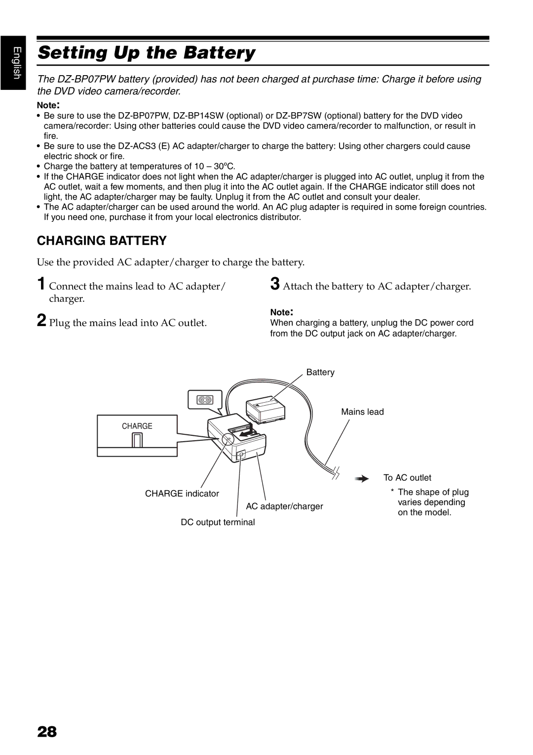 Hitachi DZ-GX5020E, DZ-GX5040E, DZ-GX5100E instruction manual Setting Up the Battery, Charging Battery 