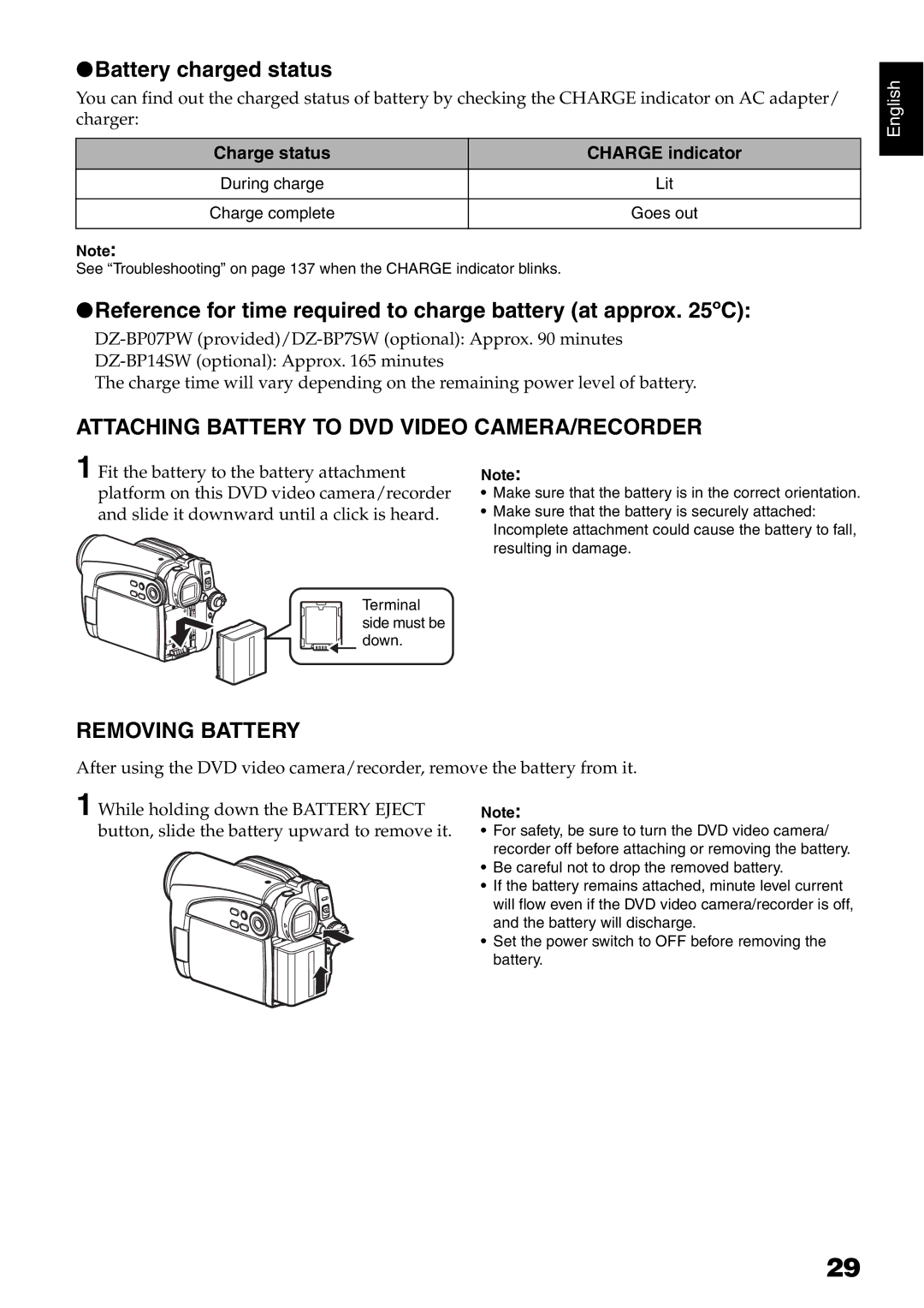 Hitachi DZ-GX5100E Battery charged status, Reference for time required to charge battery at approx ºC, Removing Battery 