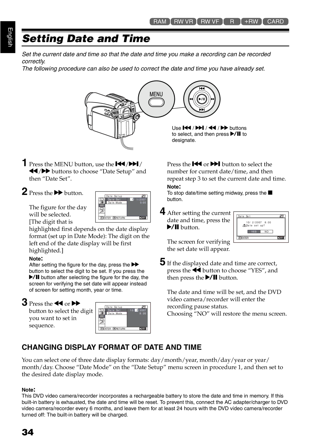 Hitachi DZ-GX5020E, DZ-GX5040E, DZ-GX5100E instruction manual Setting Date and Time, Changing Display Format of Date and Time 