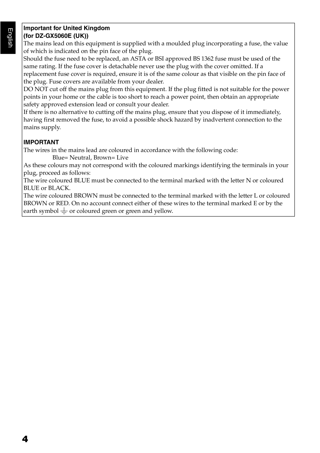 Hitachi DZ-GX5020E, DZ-GX5040E, DZ-GX5100E instruction manual Important for United Kingdom for DZ-GX5060E UK 