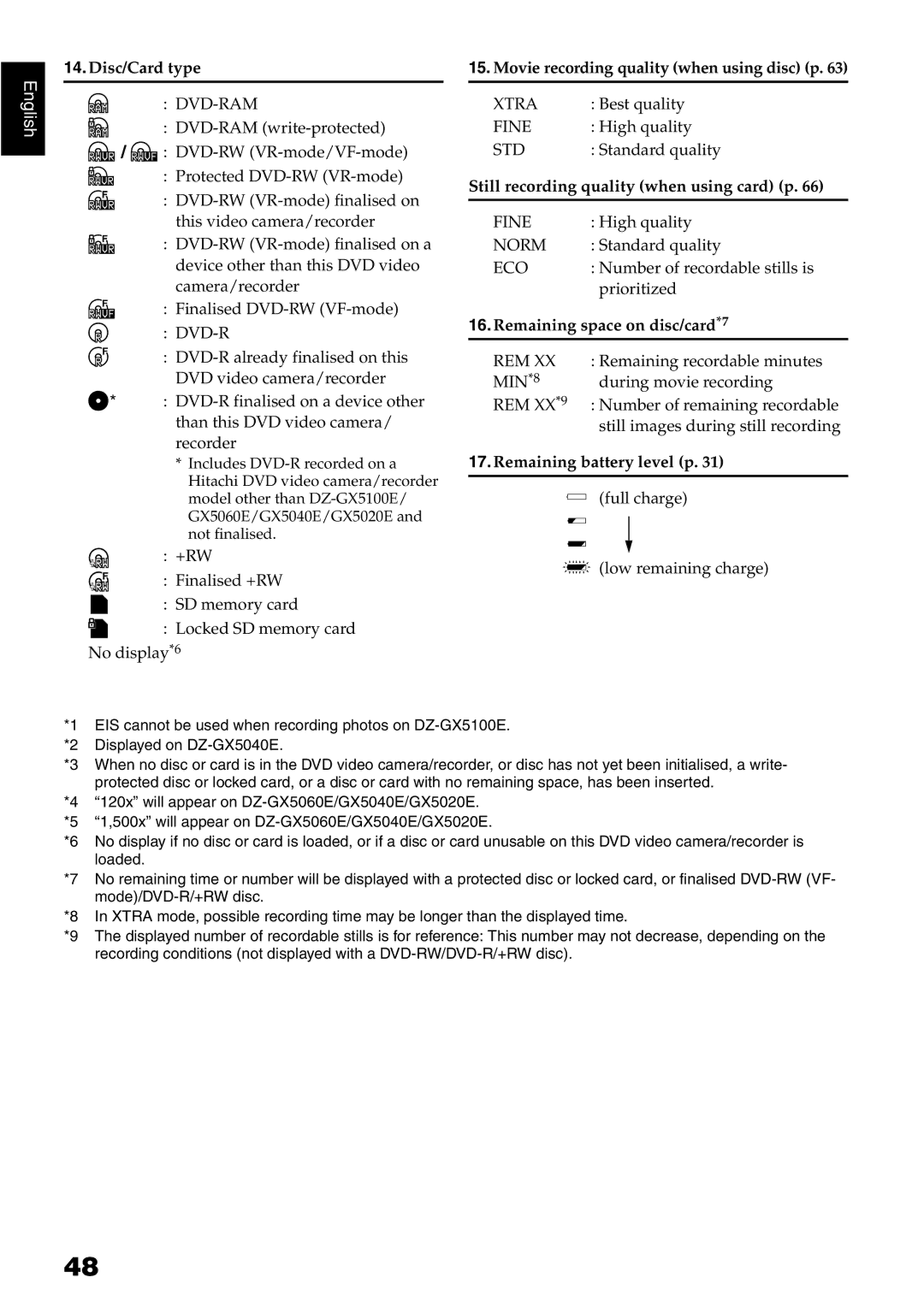 Hitachi DZ-GX5040E, DZ-GX5020E, DZ-GX5100E instruction manual Movie recording quality when using disc p 