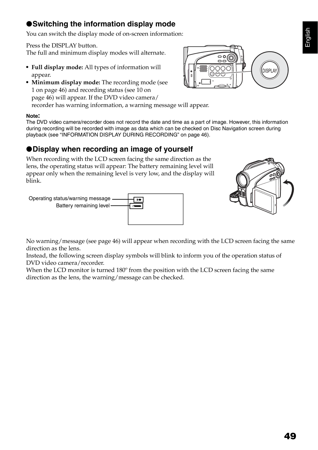 Hitachi DZ-GX5020E, DZ-GX5040E Switching the information display mode, Display when recording an image of yourself 