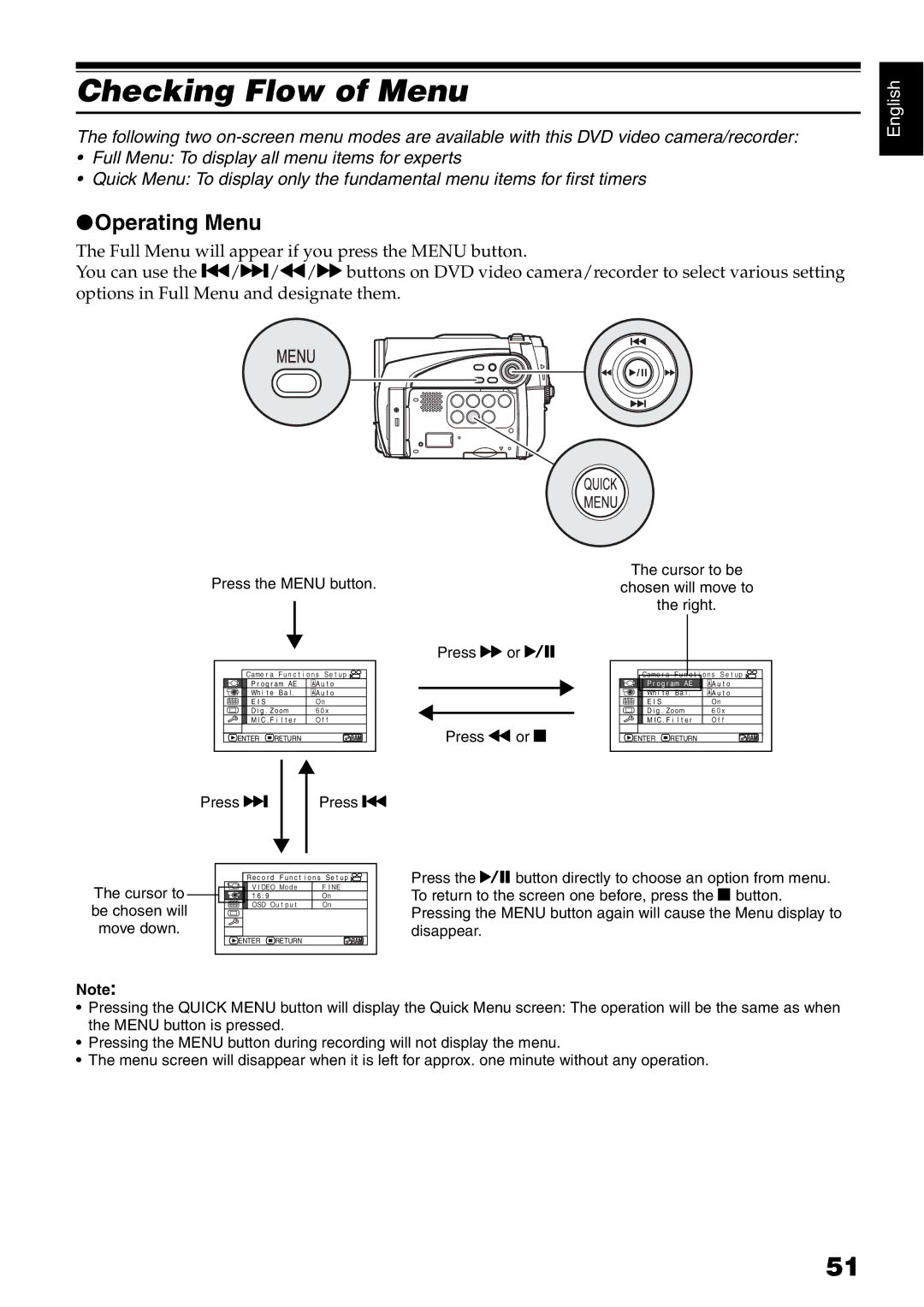 Hitachi DZ-GX5040E, DZ-GX5020E, DZ-GX5100E instruction manual Checking Flow of Menu, Operating Menu 