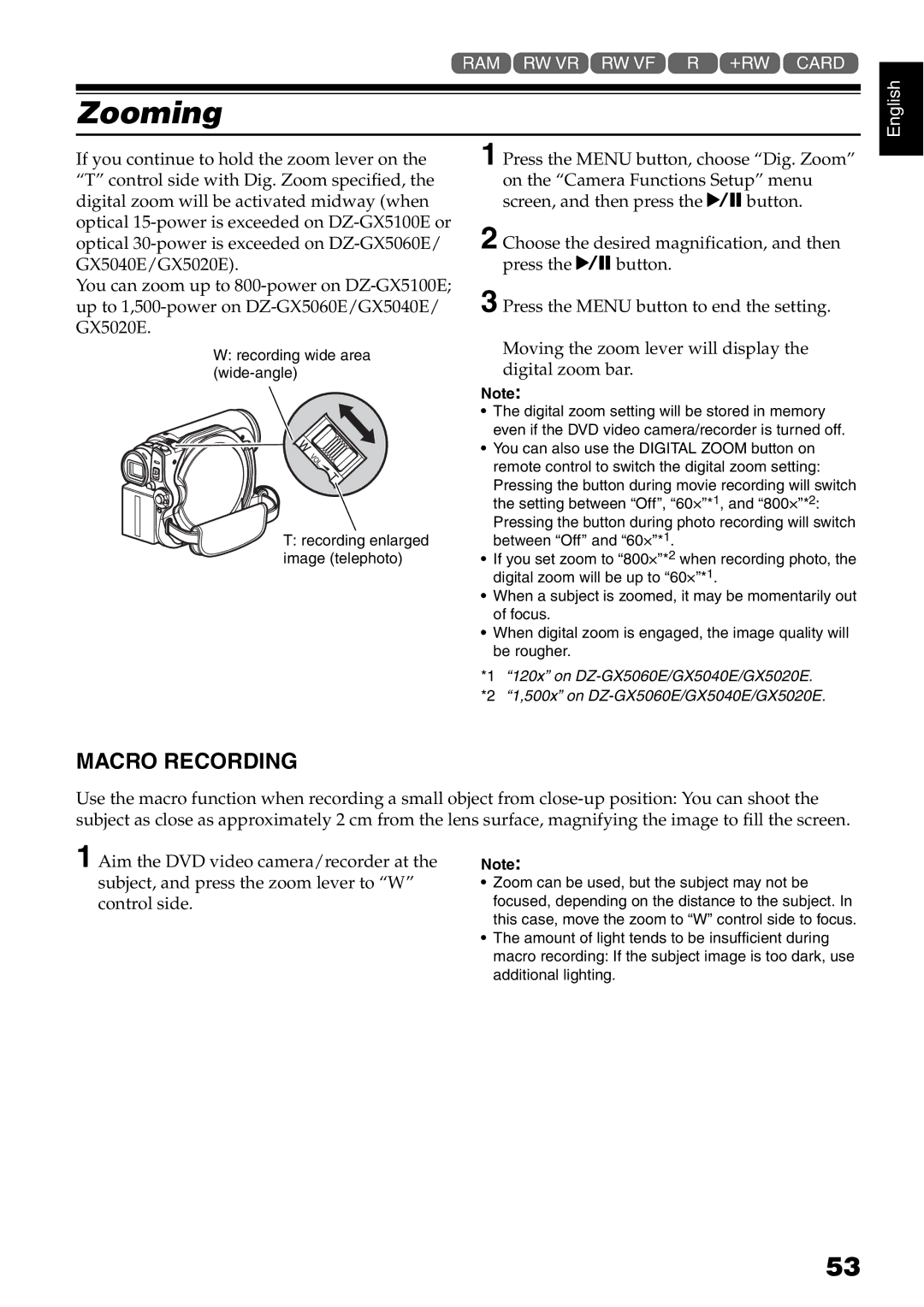 Hitachi DZ-GX5100E, DZ-GX5040E, DZ-GX5020E instruction manual Zooming, Macro Recording 