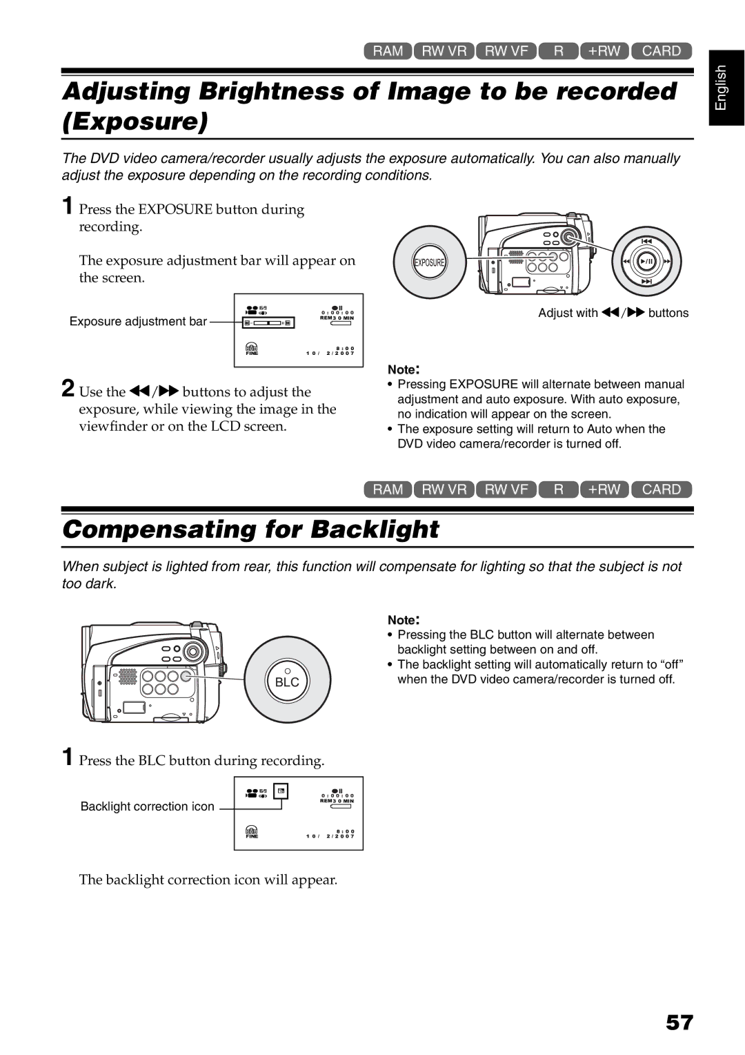 Hitachi DZ-GX5040E, DZ-GX5020E Adjusting Brightness of Image to be recorded Exposure, Compensating for Backlight 