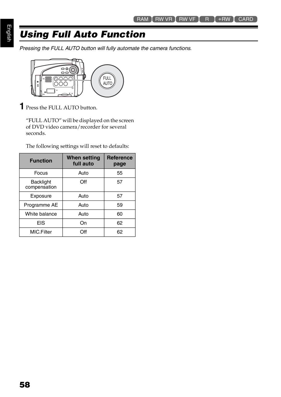 Hitachi DZ-GX5020E, DZ-GX5040E, DZ-GX5100E Using Full Auto Function, Function When setting Reference Full auto 