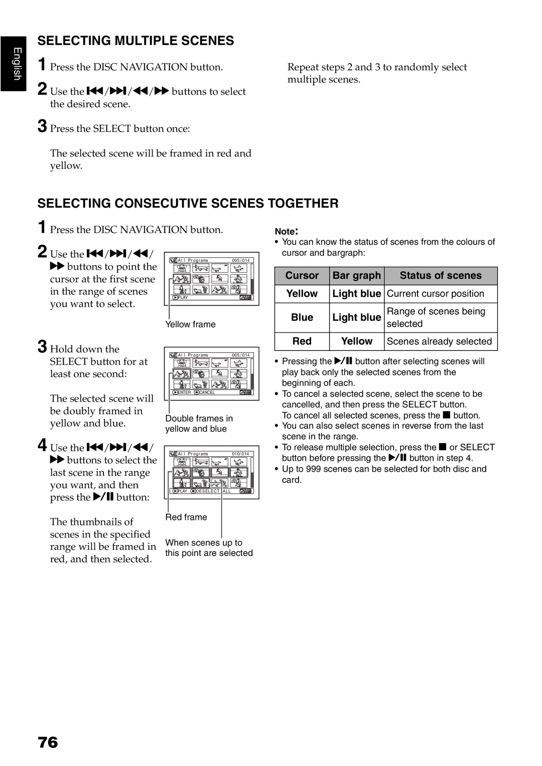 Hitachi DZ-GX5020E Selecting Multiple Scenes, Selecting Consecutive Scenes Together, Cursor Bar graph Status of scenes 