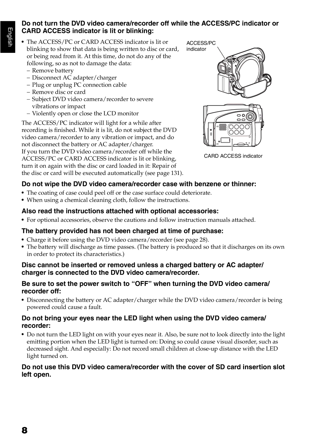 Hitachi DZ-GX5100E, DZ-GX5040E, DZ-GX5020E instruction manual ACCESS/PC indicator Card Access indicator 