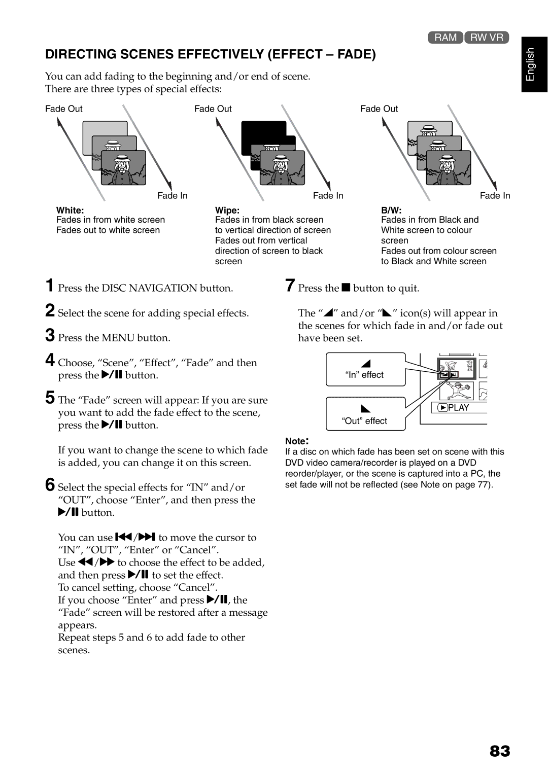 Hitachi DZ-GX5100E, DZ-GX5040E, DZ-GX5020E instruction manual Directing Scenes Effectively Effect Fade, Wipe 