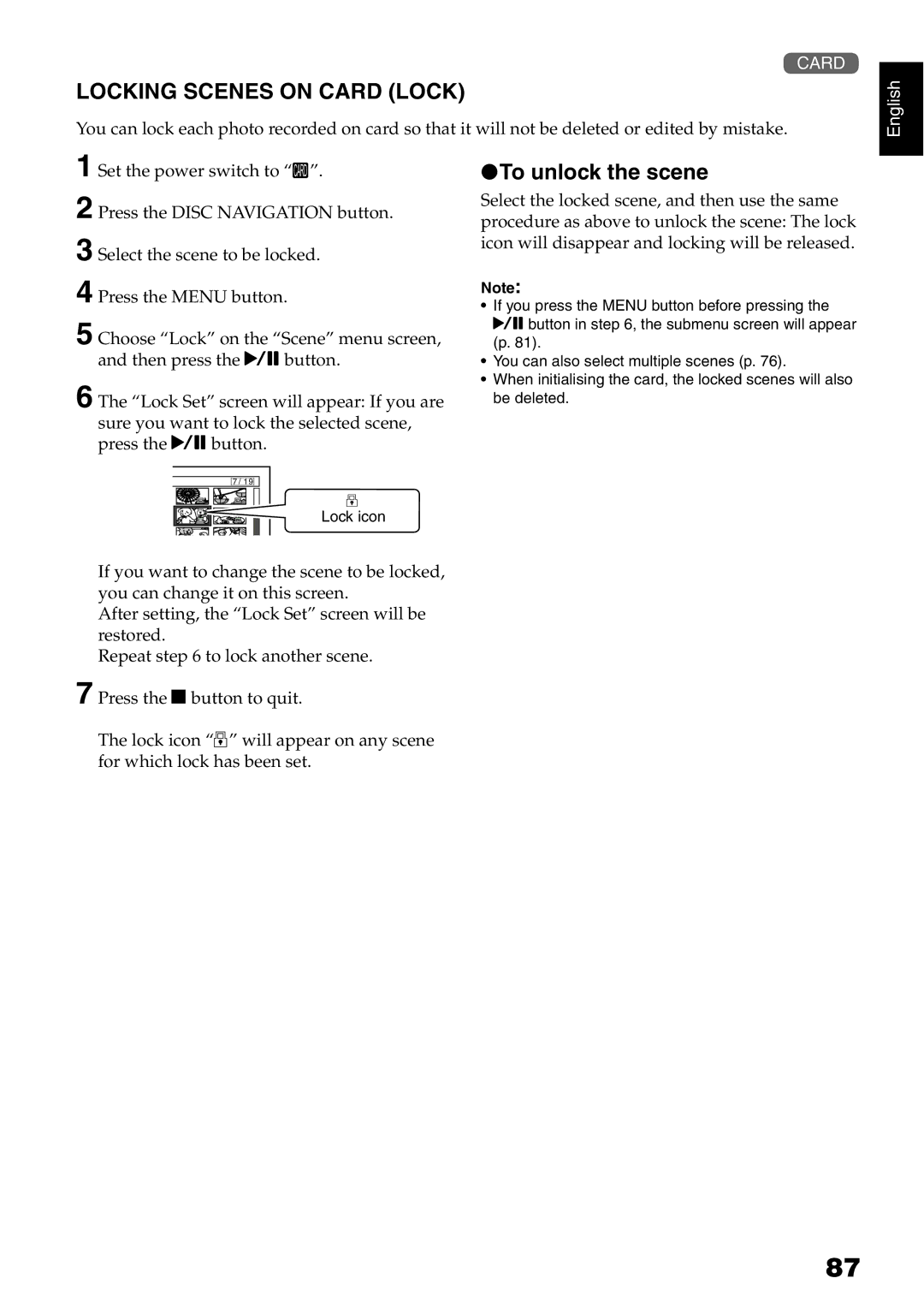 Hitachi DZ-GX5040E, DZ-GX5020E, DZ-GX5100E instruction manual Locking Scenes on Card Lock, To unlock the scene 