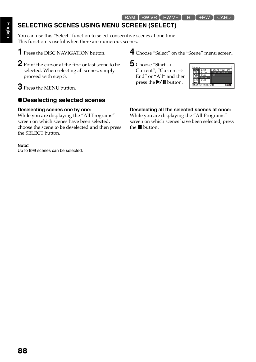 Hitachi DZ-GX5020E Selecting Scenes Using Menu Screen Select, Deselecting selected scenes, Deselecting scenes one by one 