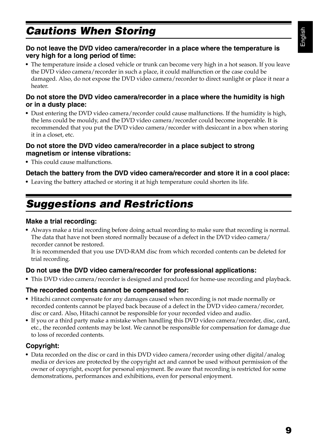 Hitachi DZ-GX5040E Suggestions and Restrictions, Make a trial recording, Recorded contents cannot be compensated for 