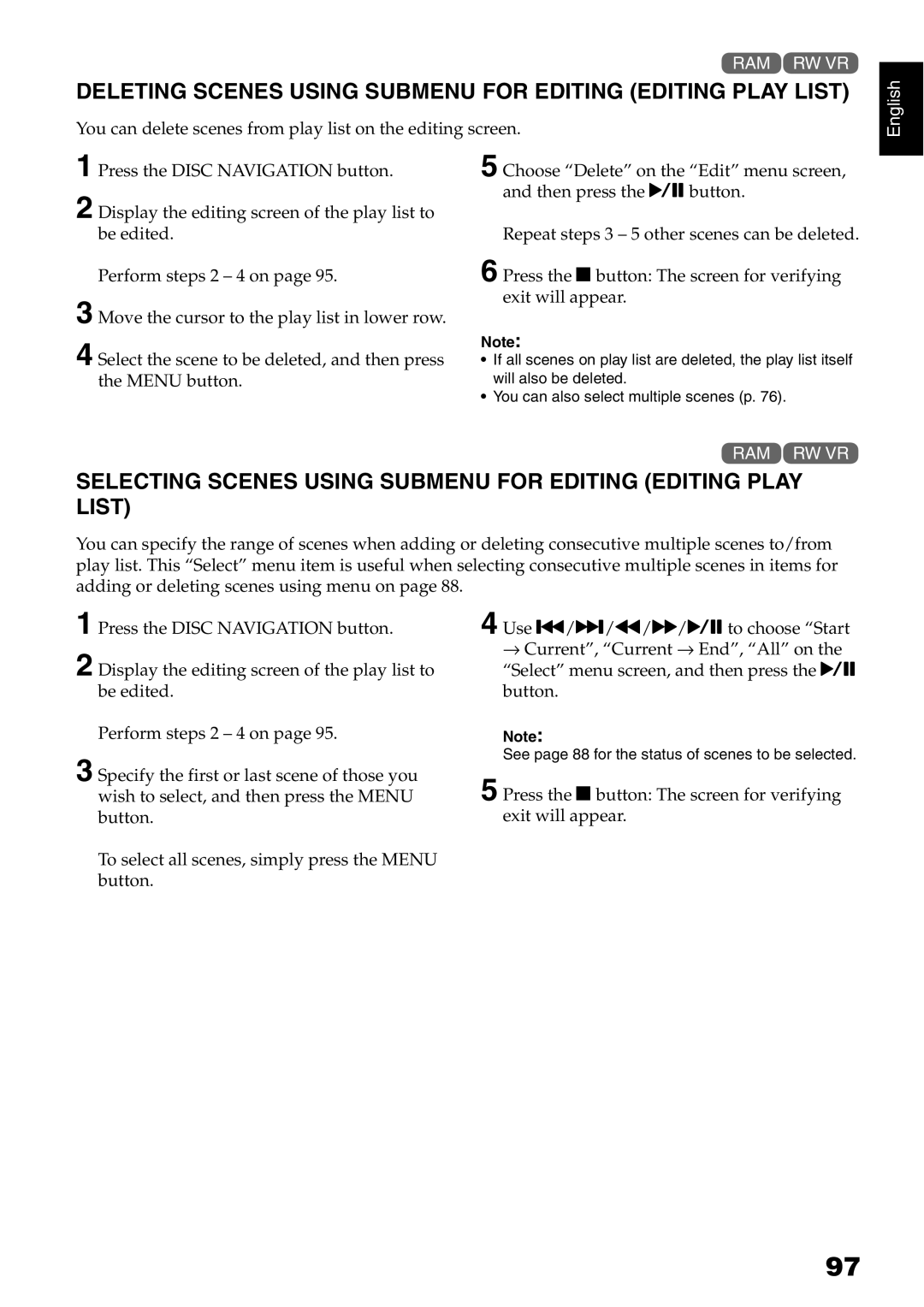 Hitachi DZ-GX5020E, DZ-GX5040E, DZ-GX5100E instruction manual Deleting Scenes Using Submenu for Editing Editing Play List 