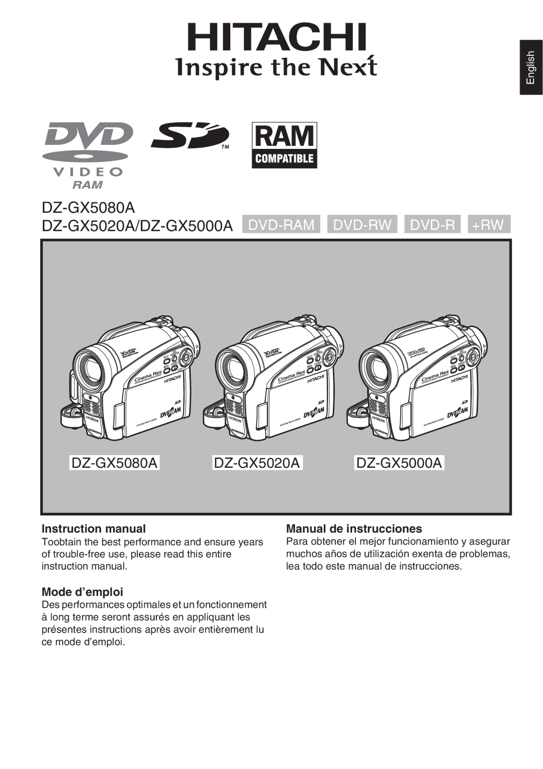 Hitachi DZ-GX5080A instruction manual DZ-GX5020A/DZ-GX5000A DVD-RAM, Mode d’emploi 