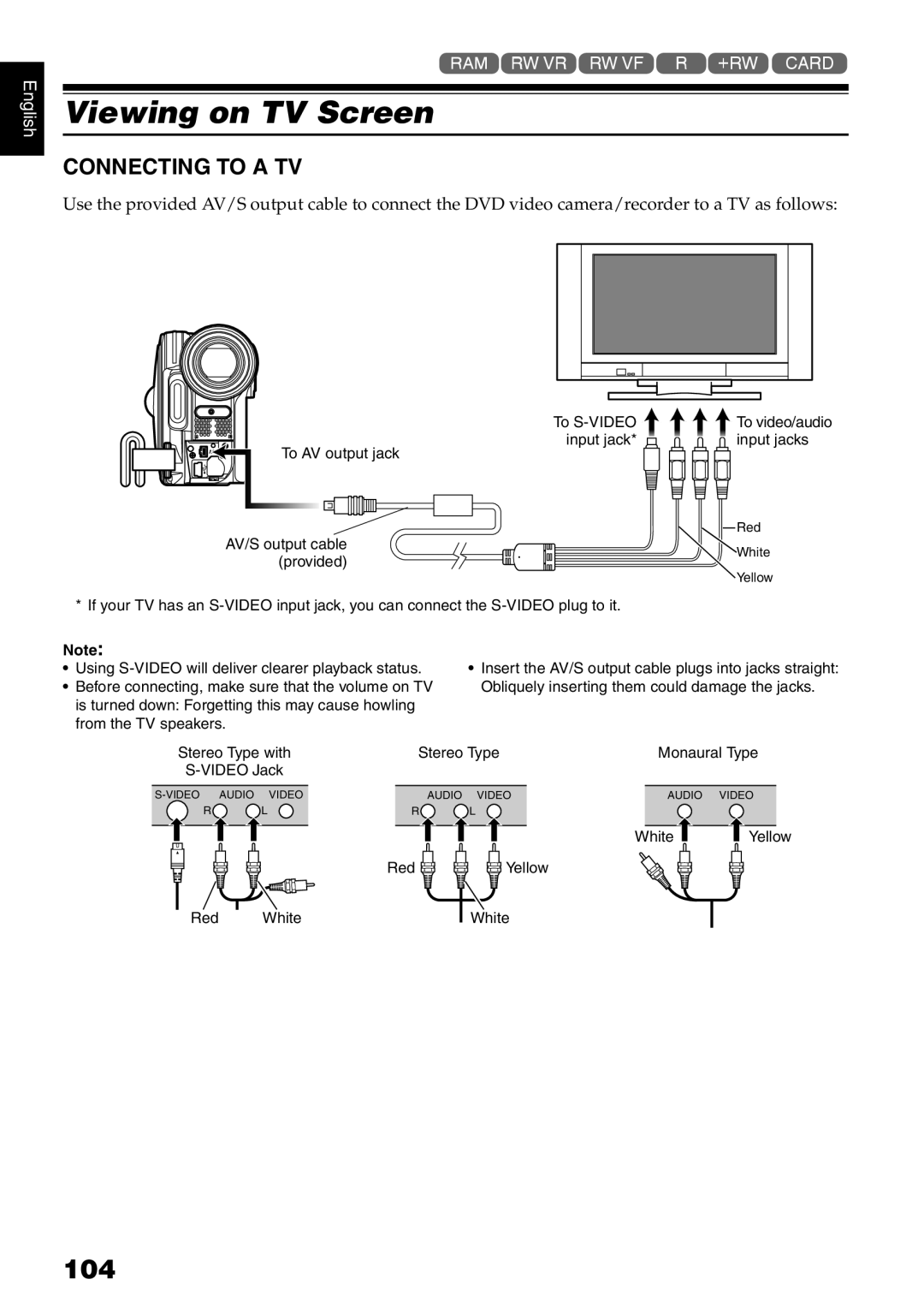 Hitachi DZ-GX5000A, DZ-GX5080A, DZ-GX5020A instruction manual Viewing on TV Screen, 104, Connecting to a TV 