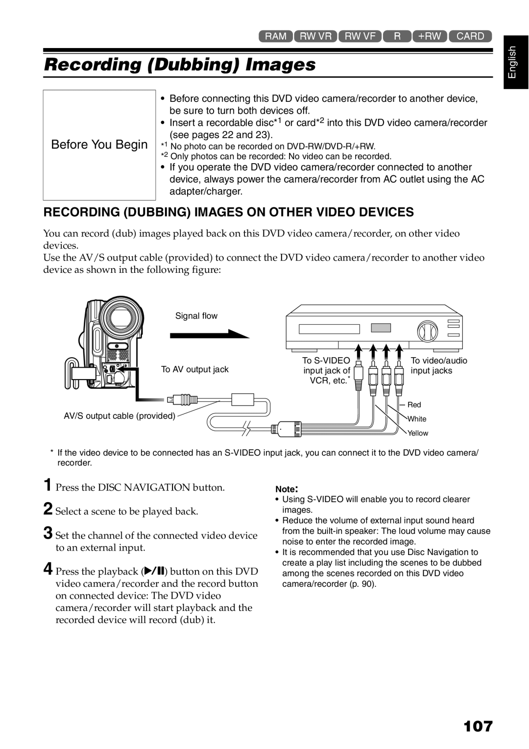 Hitachi DZ-GX5000A, DZ-GX5080A, DZ-GX5020A instruction manual 107, Recording Dubbing Images on Other Video Devices 