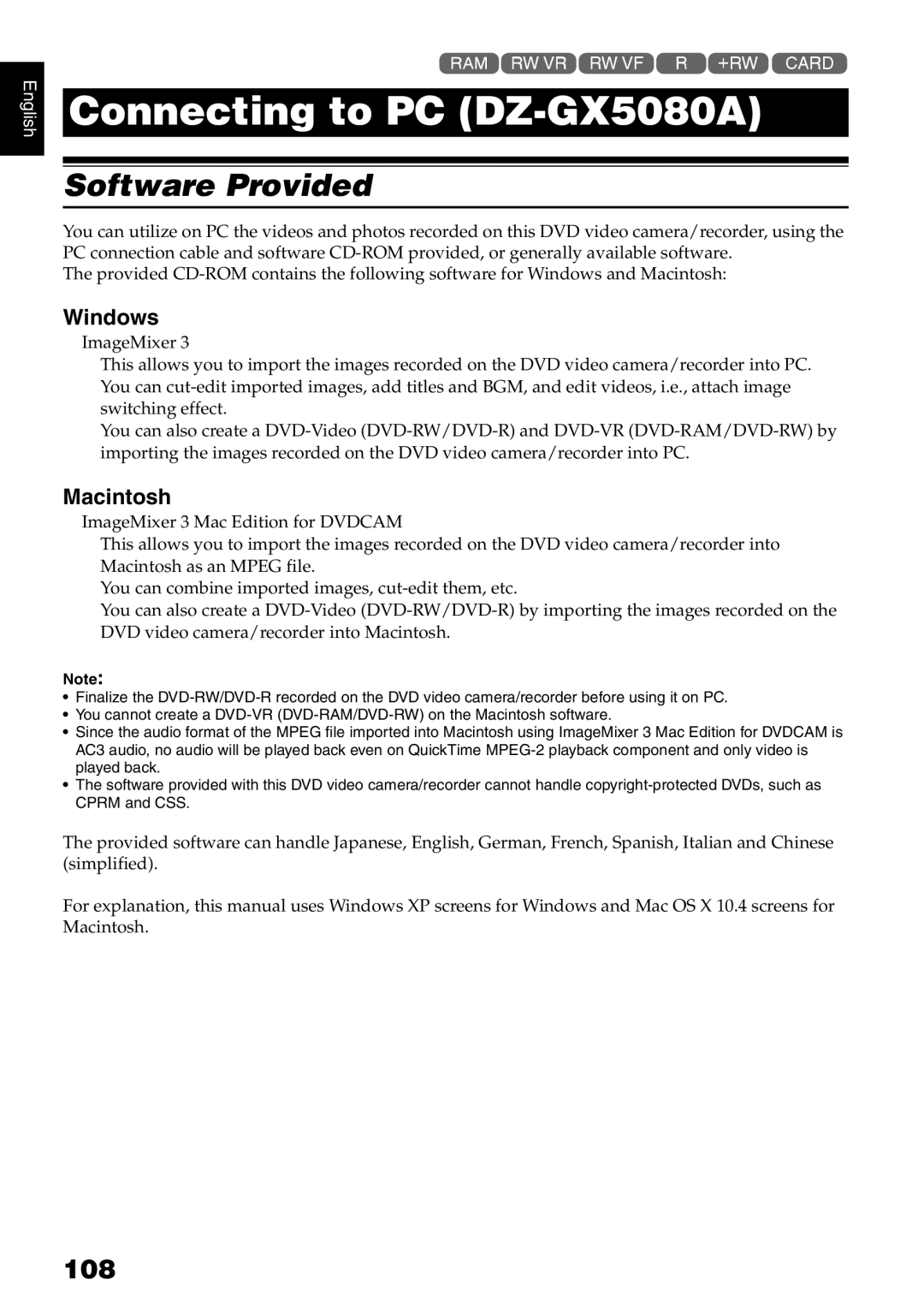 Hitachi DZ-GX5080A, DZ-GX5020A, DZ-GX5000A instruction manual Software Provided, 108, Windows, Macintosh 