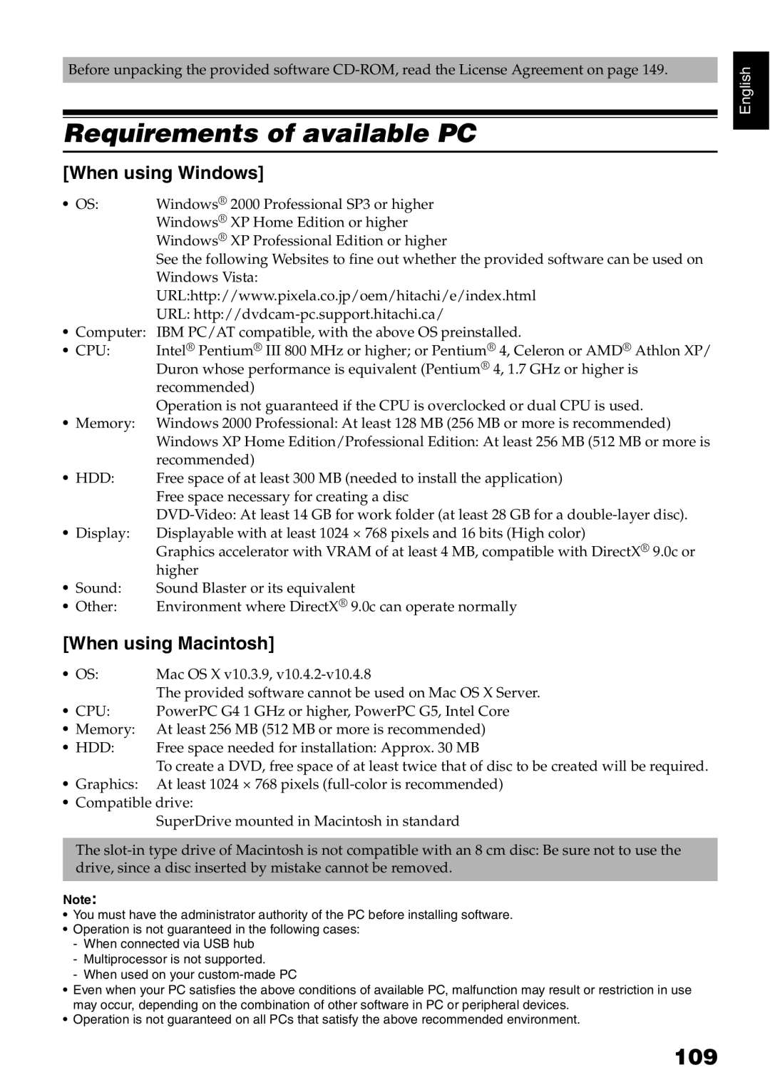 Hitachi DZ-GX5020A, DZ-GX5080A, DZ-GX5000A Requirements of available PC, 109, When using Windows, When using Macintosh 