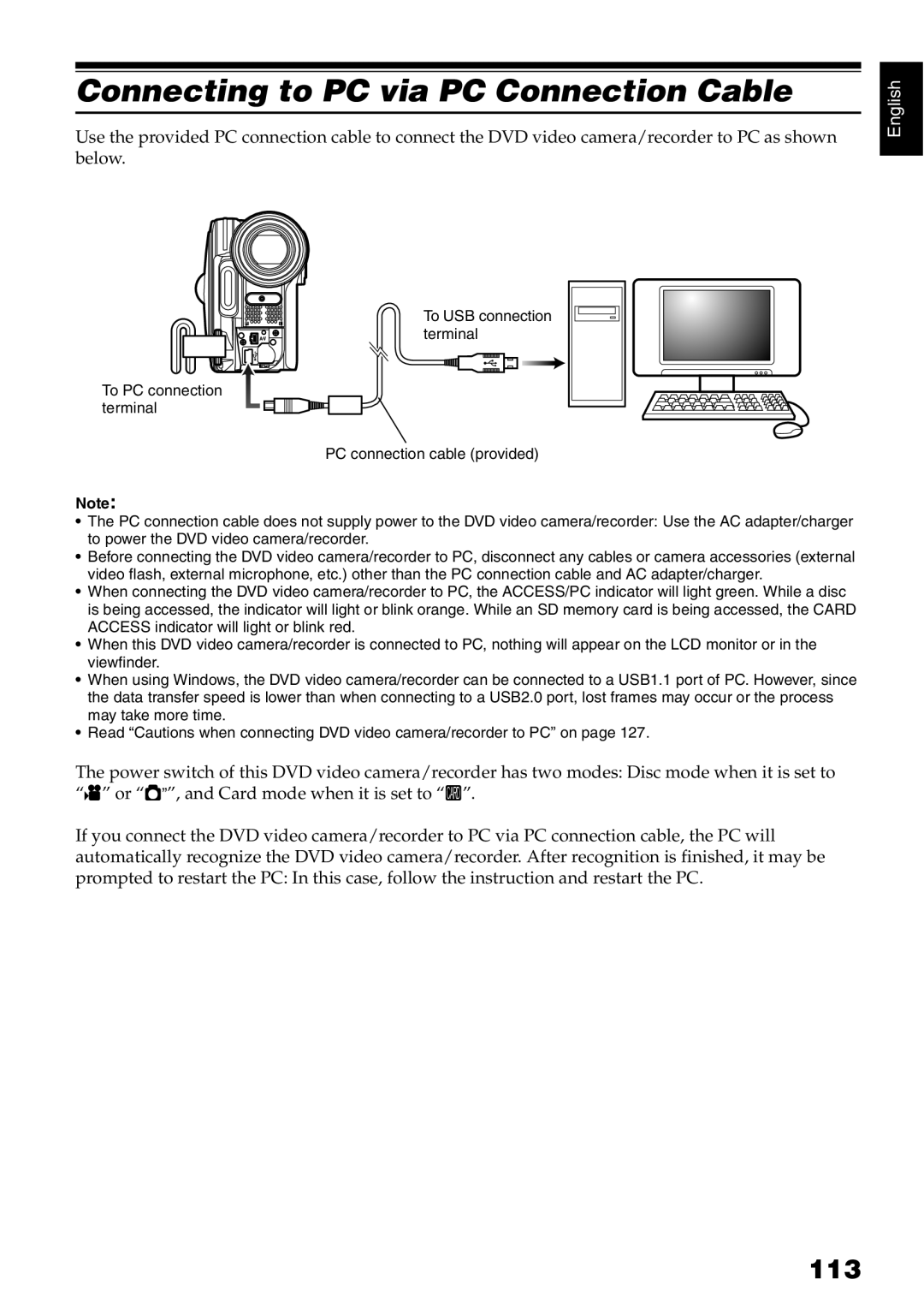 Hitachi DZ-GX5000A, DZ-GX5080A, DZ-GX5020A instruction manual Connecting to PC via PC Connection Cable, 113 