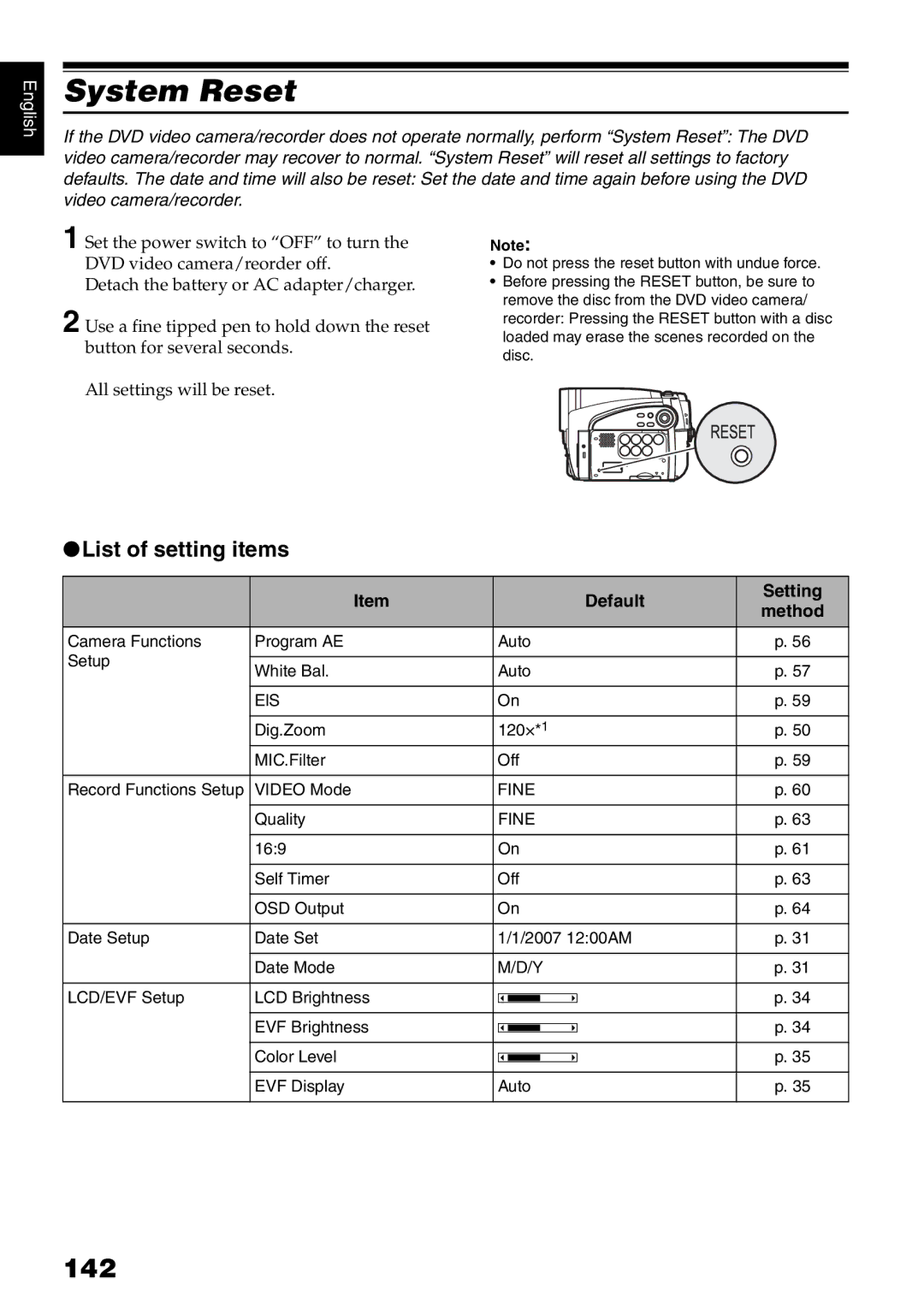 Hitachi DZ-GX5020A, DZ-GX5080A, DZ-GX5000A instruction manual System Reset, 142, List of setting items, Default Setting 