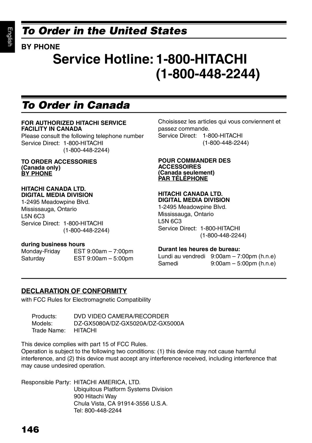 Hitachi DZ-GX5000A, DZ-GX5080A, DZ-GX5020A To Order in the United States, To Order in Canada, 146, By Phone 