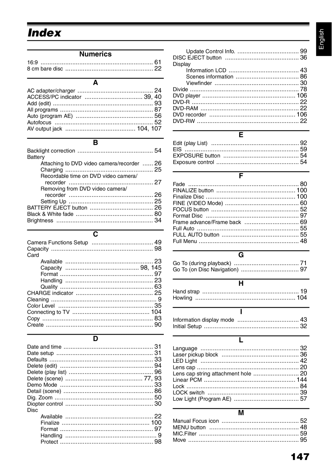 Hitachi DZ-GX5080A, DZ-GX5020A, DZ-GX5000A instruction manual Index, 147, Numerics 