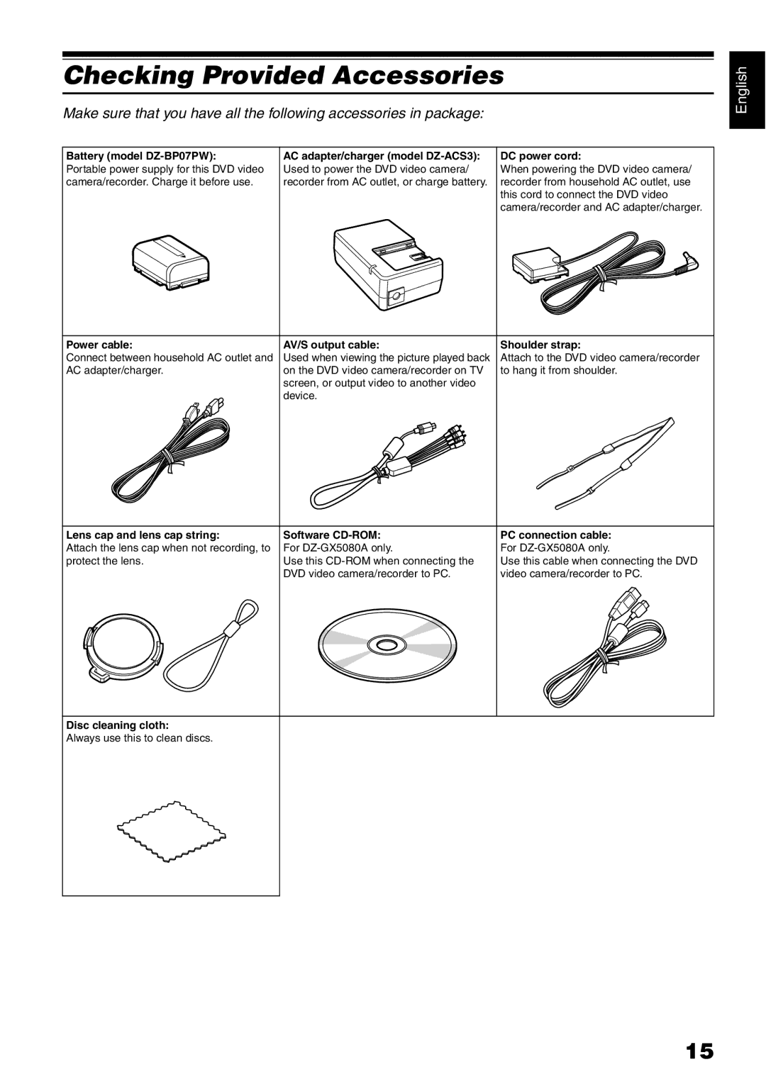 Hitachi DZ-GX5080A, DZ-GX5020A, DZ-GX5000A Checking Provided Accessories, Power cable AV/S output cable Shoulder strap 