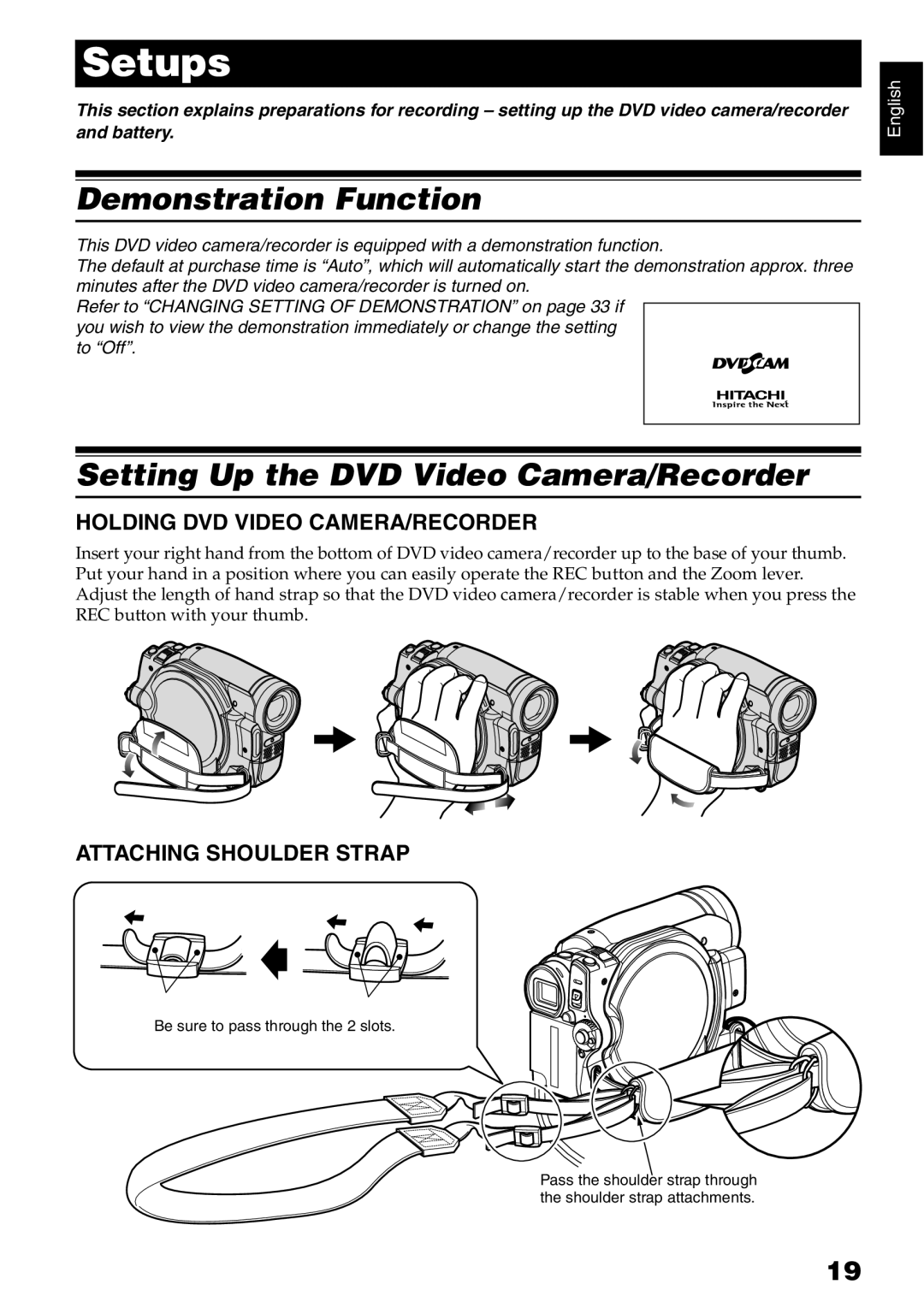 Hitachi DZ-GX5020A Demonstration Function, Setting Up the DVD Video Camera/Recorder, Holding DVD Video CAMERA/RECORDER 