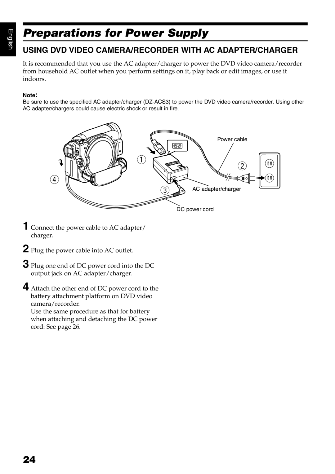 Hitachi DZ-GX5080A, DZ-GX5020A Preparations for Power Supply, Using DVD Video CAMERA/RECORDER with AC ADAPTER/CHARGER 