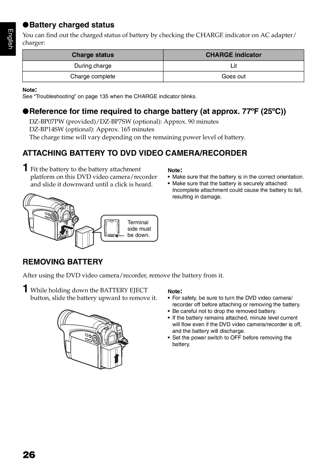 Hitachi DZ-GX5000A, DZ-GX5080A Battery charged status, Attaching Battery to DVD Video CAMERA/RECORDER, Removing Battery 