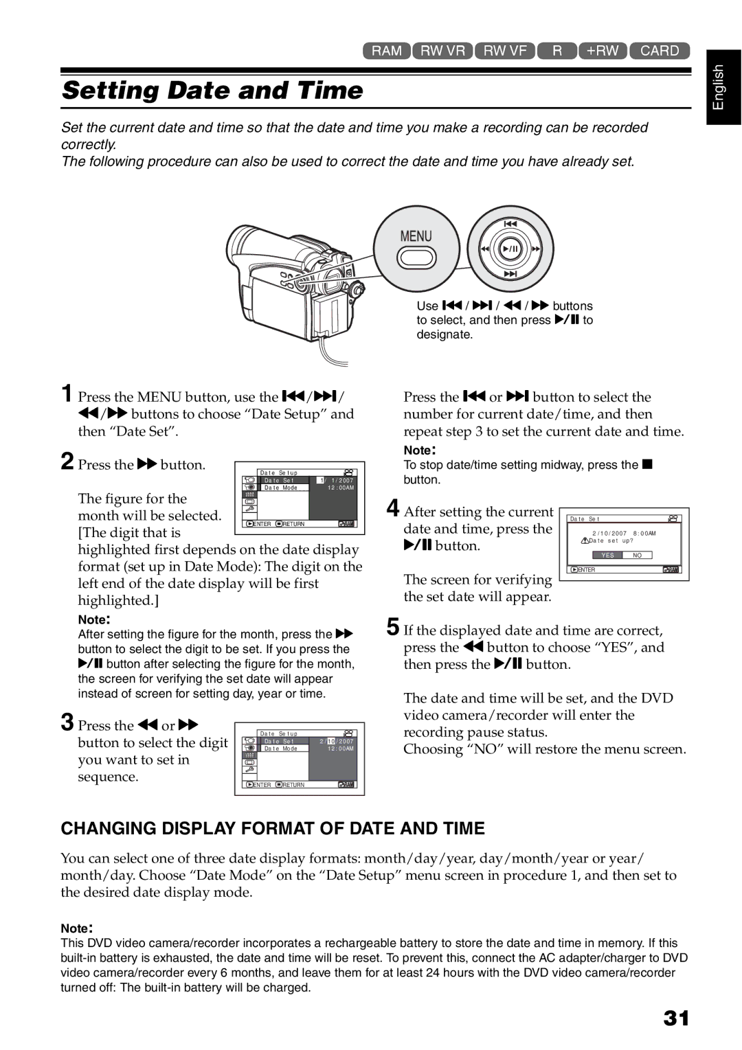 Hitachi DZ-GX5020A, DZ-GX5080A, DZ-GX5000A instruction manual Setting Date and Time, Changing Display Format of Date and Time 