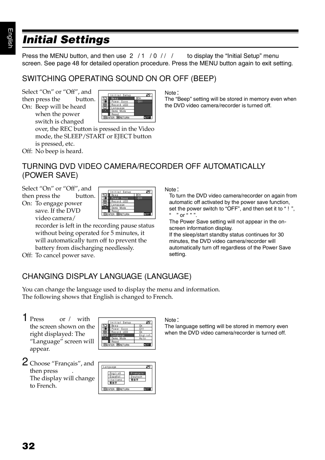 Hitachi DZ-GX5000A Initial Settings, Switching Operating Sound on or OFF Beep, Changing Display Language Language 