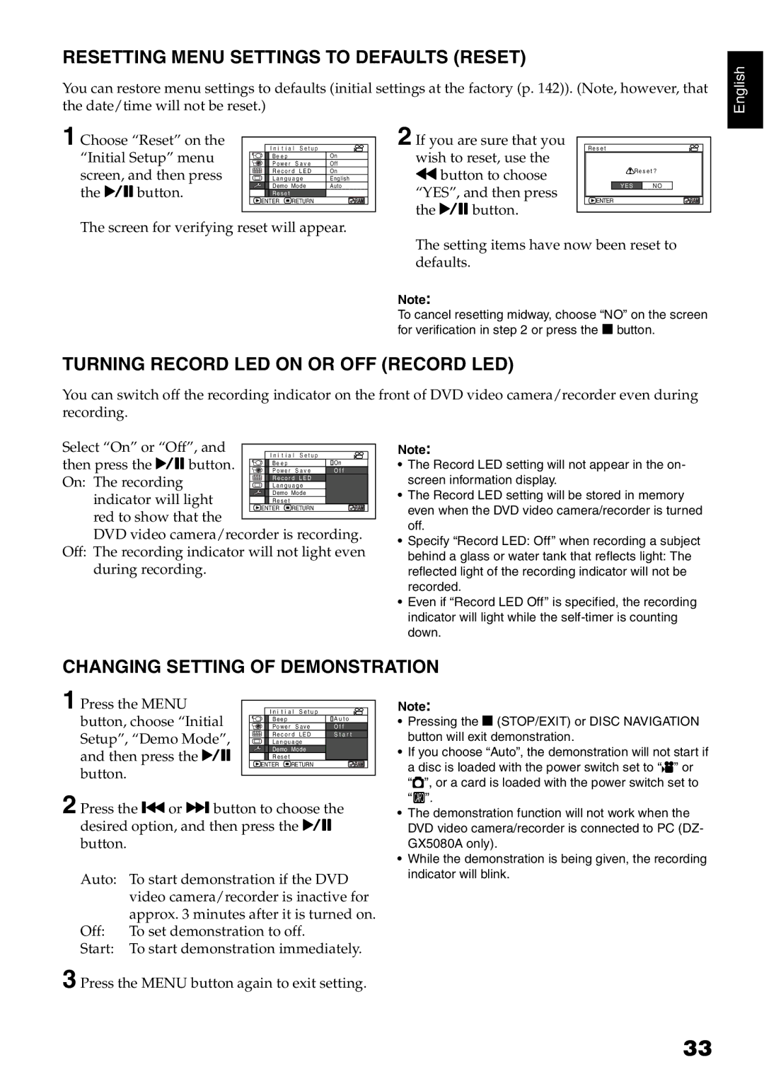 Hitachi DZ-GX5080A, DZ-GX5020A Resetting Menu Settings to Defaults Reset, Turning Record LED on or OFF Record LED 