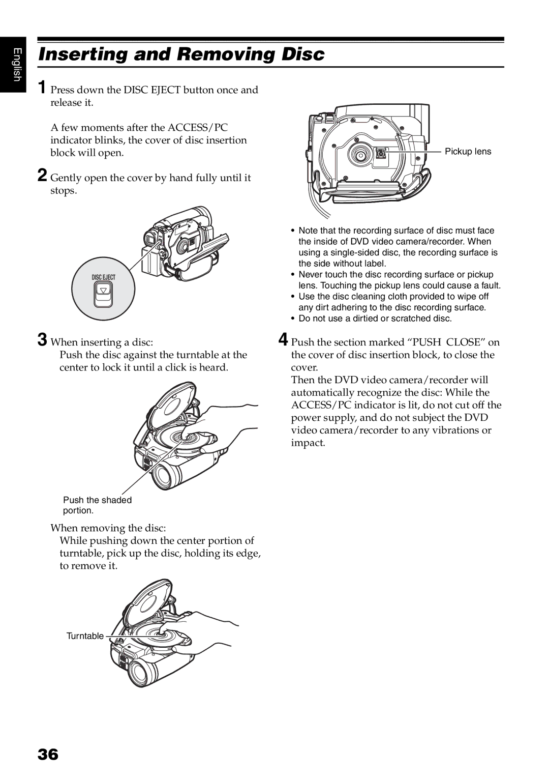 Hitachi DZ-GX5080A, DZ-GX5020A, DZ-GX5000A instruction manual Inserting and Removing Disc, Turntable 