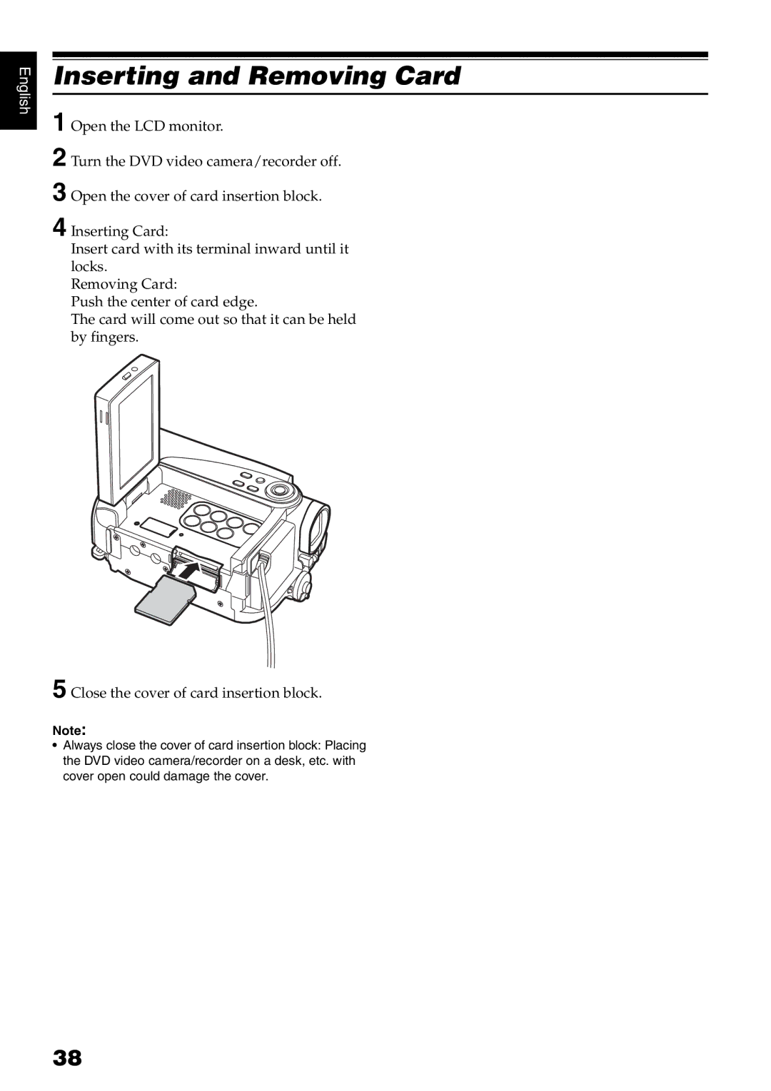 Hitachi DZ-GX5000A, DZ-GX5080A, DZ-GX5020A instruction manual Inserting and Removing Card 