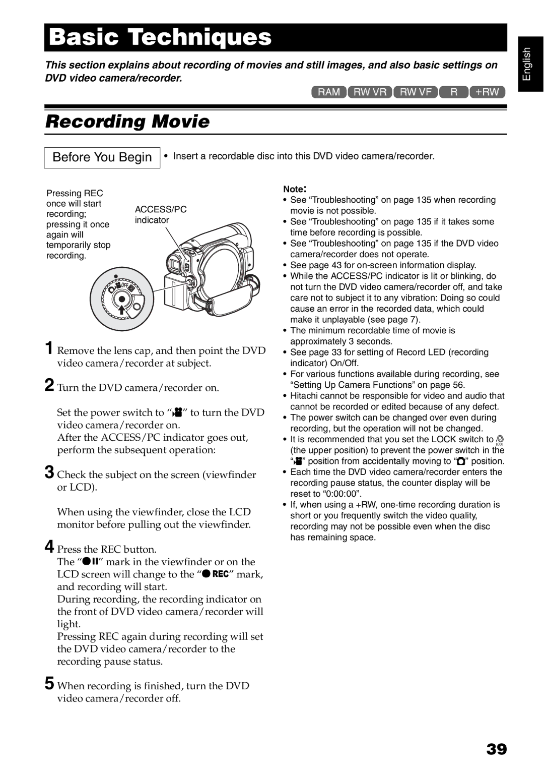 Hitachi DZ-GX5080A, DZ-GX5020A, DZ-GX5000A instruction manual Basic Techniques, Recording Movie 