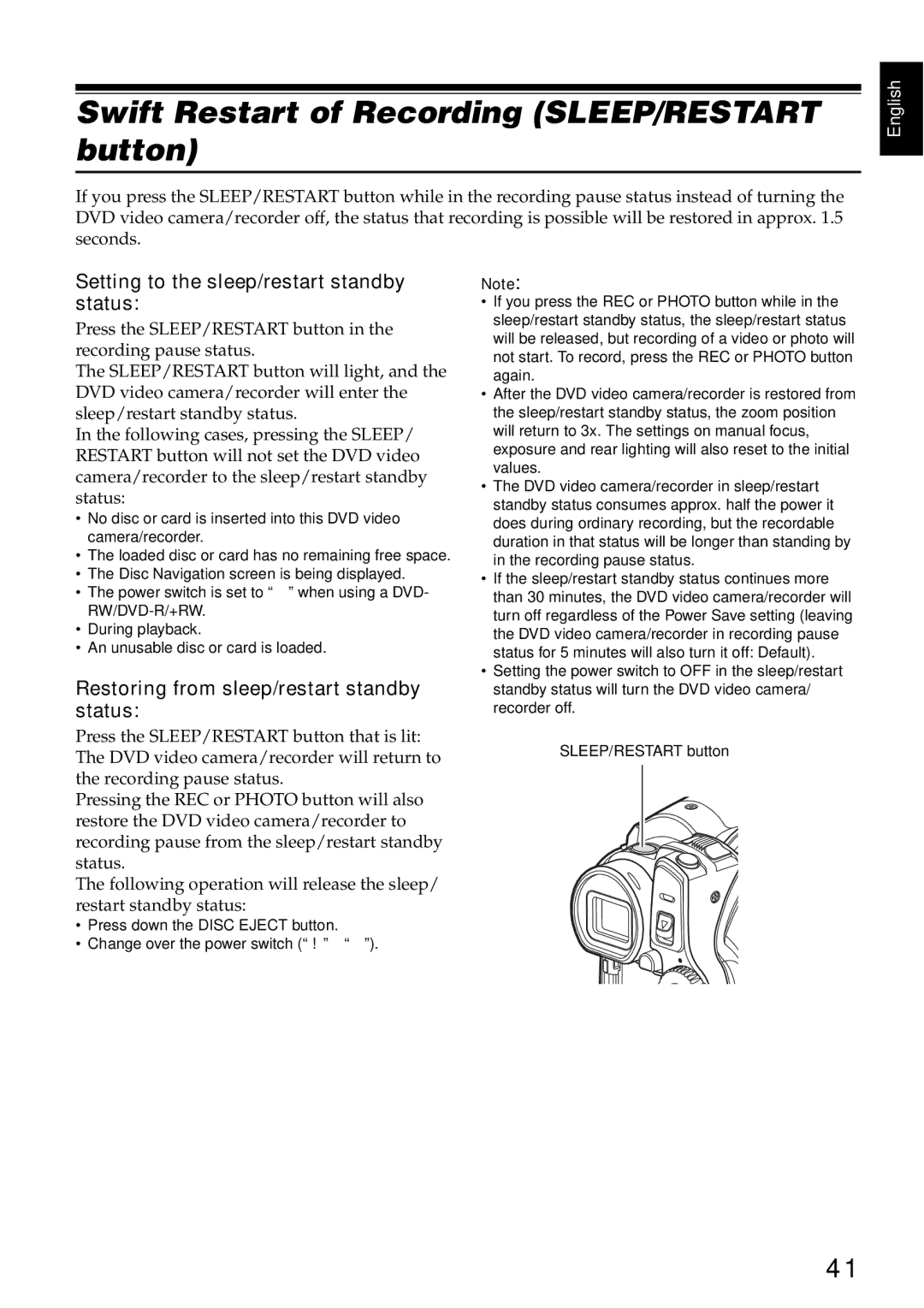 Hitachi DZ-GX5000A Swift Restart of Recording SLEEP/RESTART button, Setting to the sleep/restart standby status 