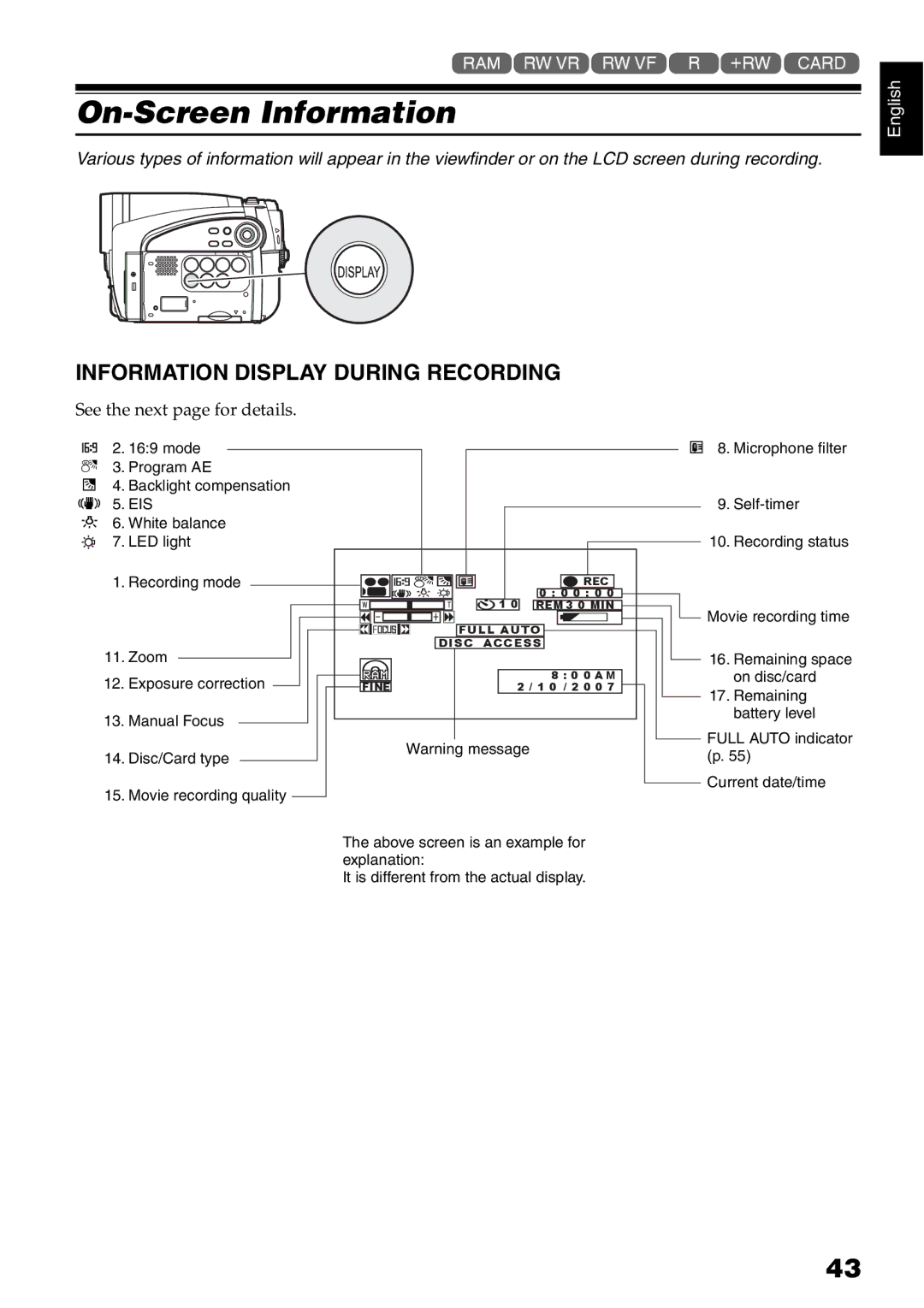 Hitachi DZ-GX5020A, DZ-GX5080A, DZ-GX5000A instruction manual On-Screen Information, Information Display During Recording 