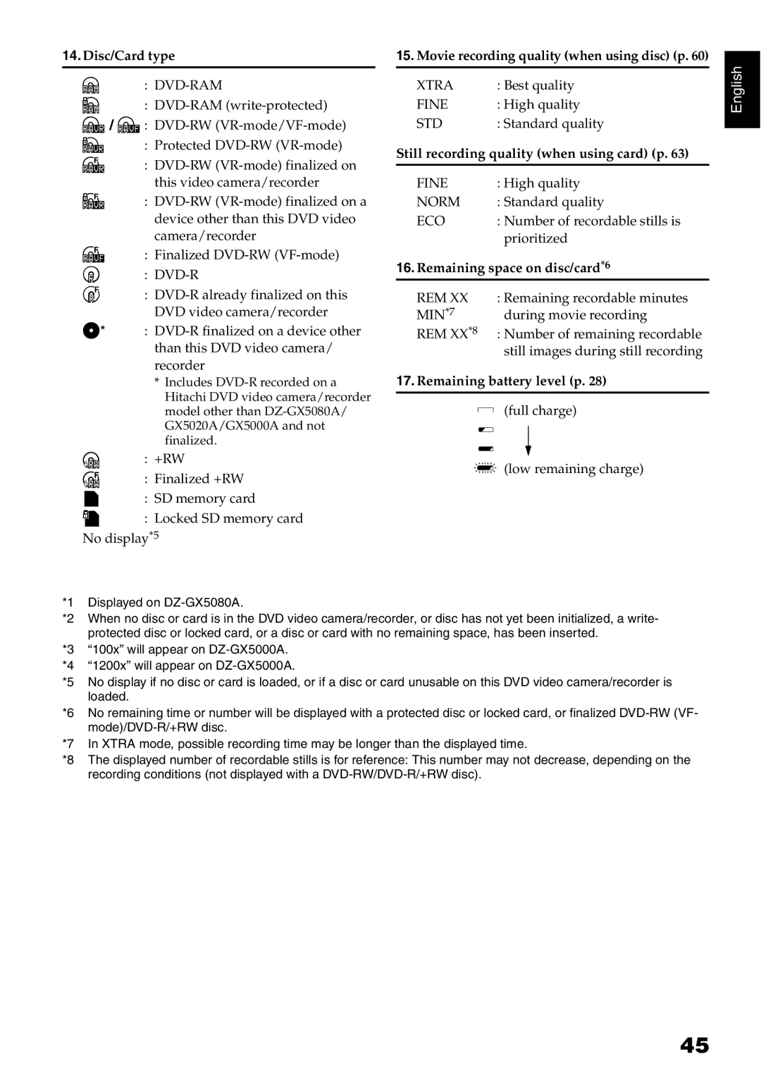 Hitachi DZ-GX5080A, DZ-GX5020A, DZ-GX5000A instruction manual Movie recording quality when using disc p 