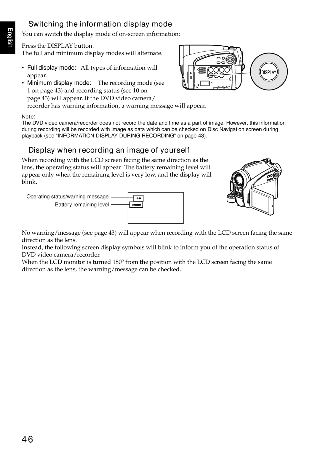 Hitachi DZ-GX5020A, DZ-GX5080A Switching the information display mode, Display when recording an image of yourself 