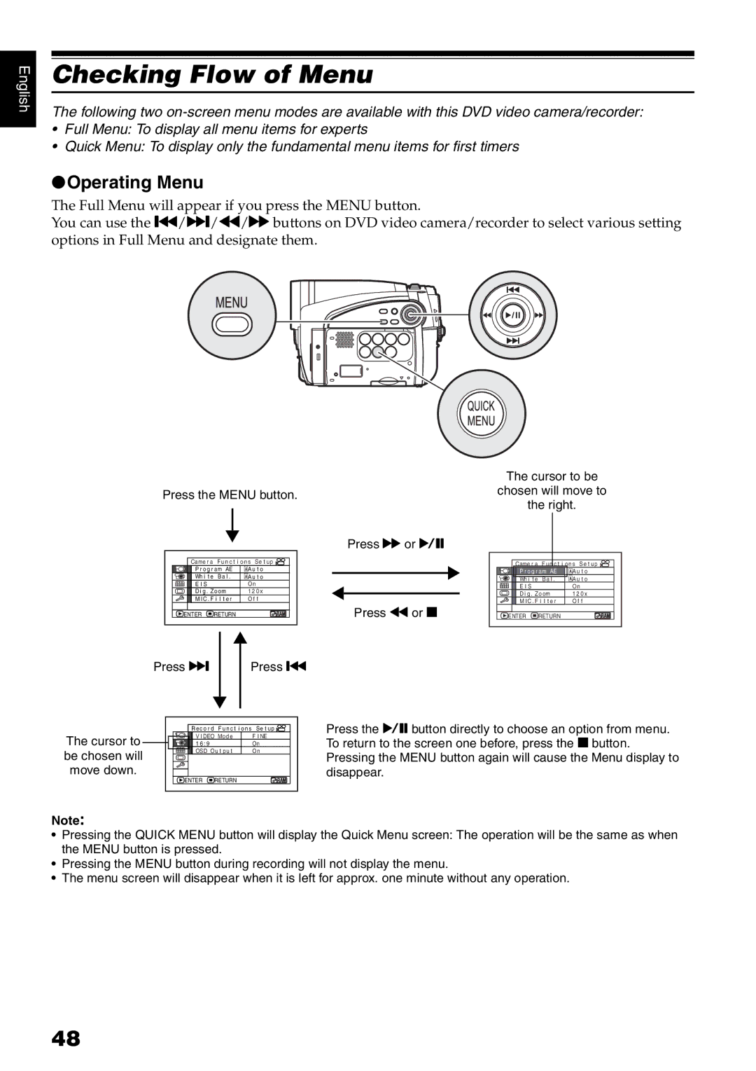 Hitachi DZ-GX5080A, DZ-GX5020A, DZ-GX5000A instruction manual Checking Flow of Menu, Operating Menu 