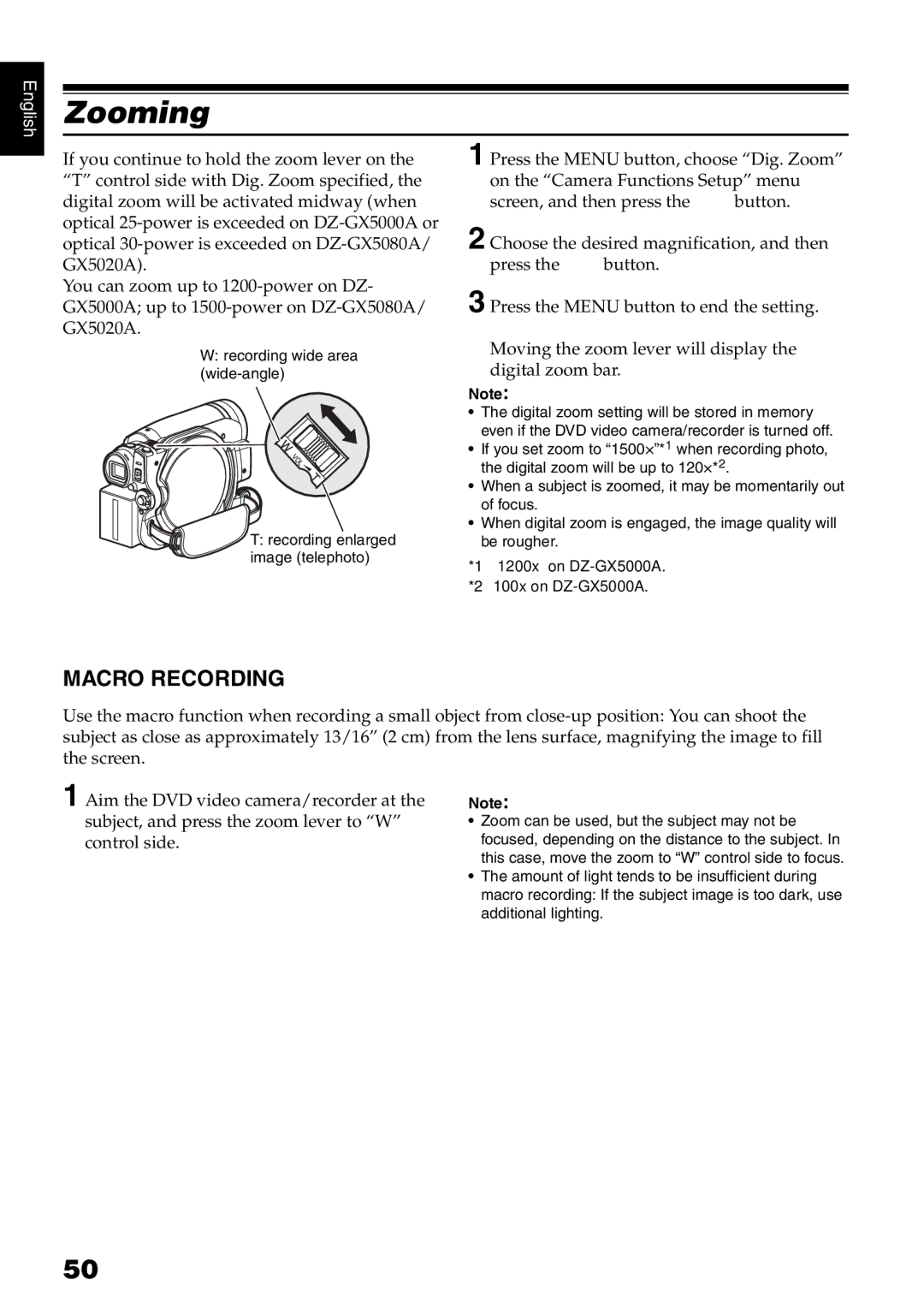 Hitachi DZ-GX5000A, DZ-GX5080A, DZ-GX5020A instruction manual Zooming, Macro Recording 