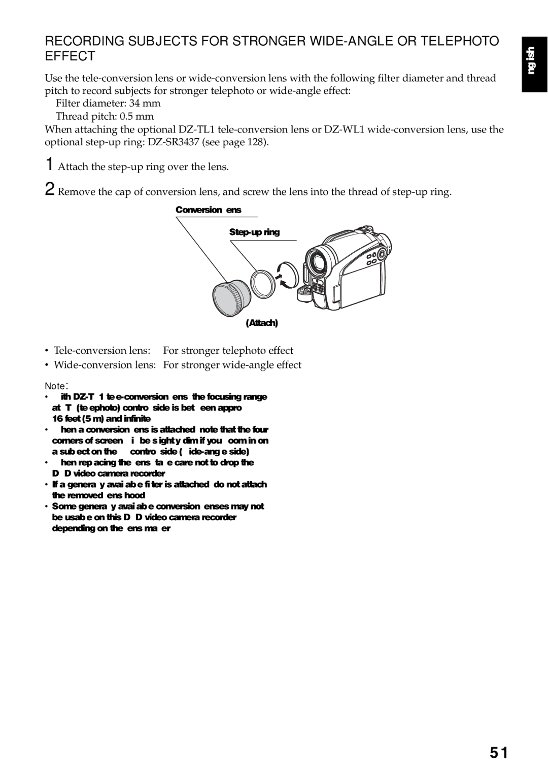 Hitachi DZ-GX5080A, DZ-GX5020A, DZ-GX5000A instruction manual Conversion lens Step-up ring Attach 