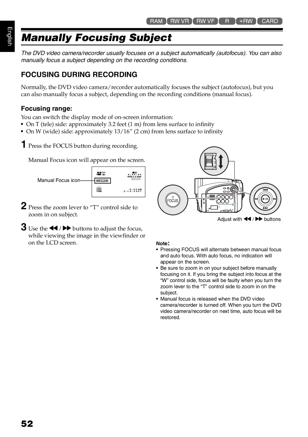 Hitachi DZ-GX5020A, DZ-GX5080A, DZ-GX5000A Manually Focusing Subject, Focusing During Recording, Focusing range 